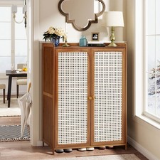 Shoe Cabinet Storage Cupboard Wooden Double Rattan Doors Footwear Stand Rack