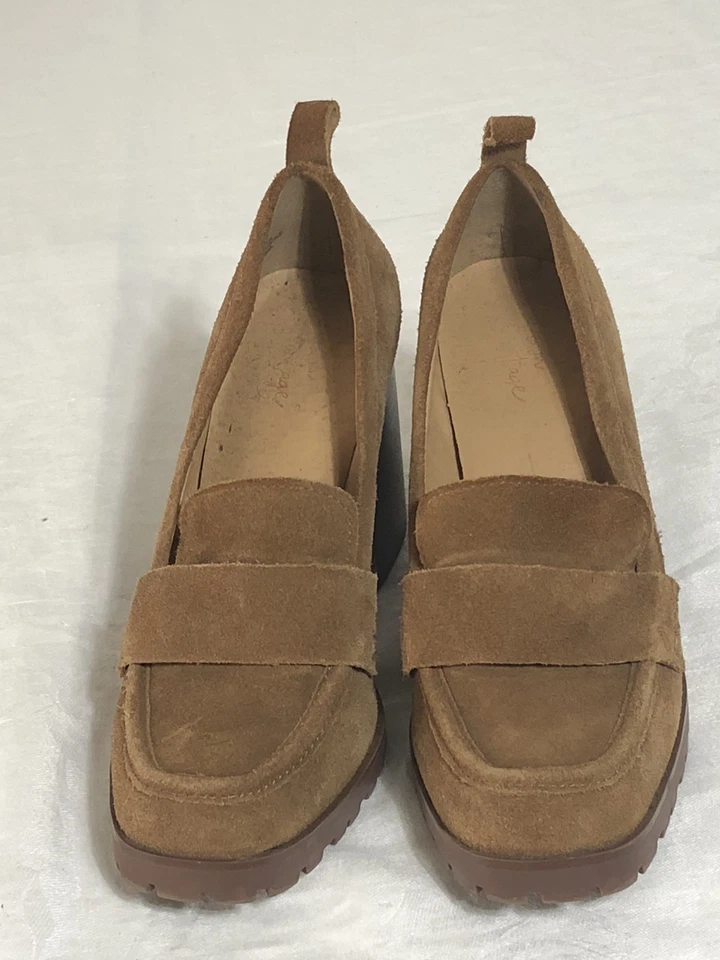 Zapatos mocasines de cuero gamuza marrón talla 7,5 M para mujer tacón grueso Foto 4 de 4