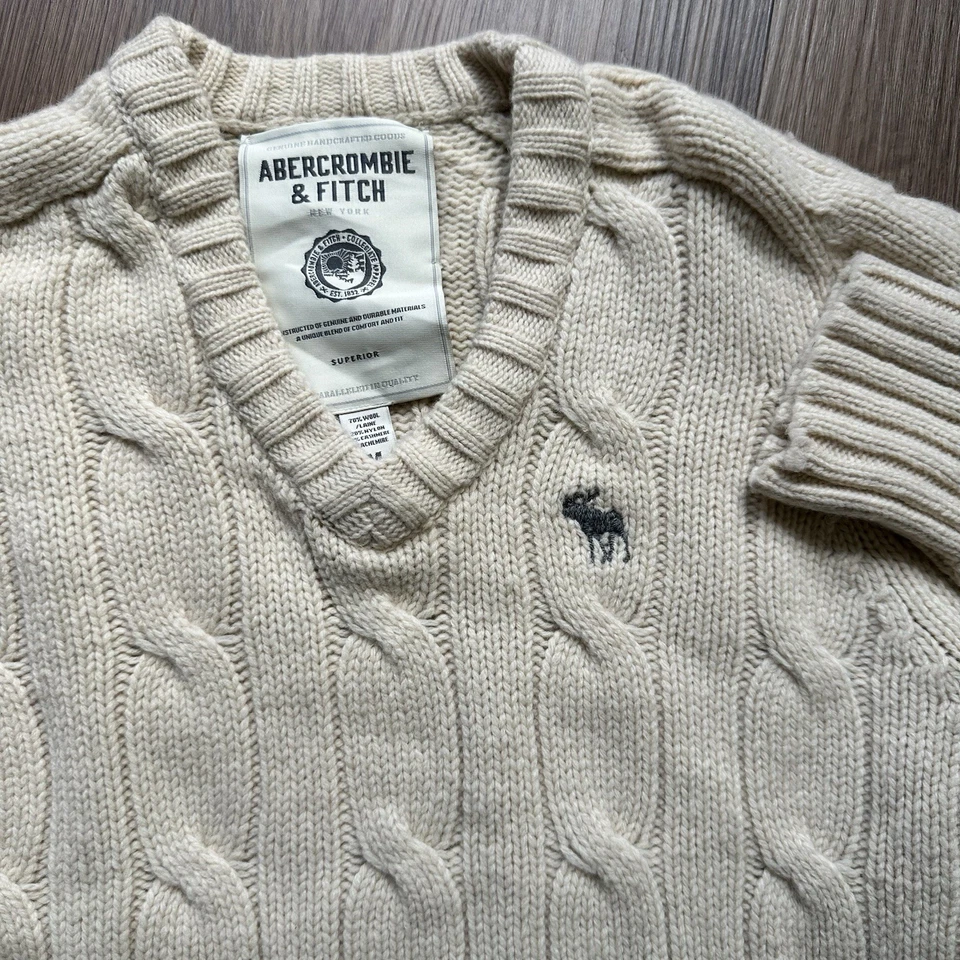 Suéter Abercrombie Fitch Para Hombres Mediano Marfil Lana Cachemira Cable Tejido Pescadores Foto 3 de 4