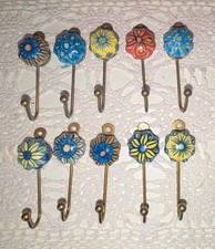 Vintage Hand Painted Ceramic Wall Hooks Floral Brass Robe Coat Hooks Set of 10