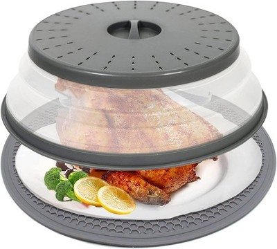 Microwave Splatter Cover 10.5 Inch with Collapsible Mat, Grey