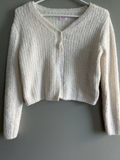 Wonder Nation Girls White Fuzzy Button Cardigan Sweater Long Sleeve Size Cropped
