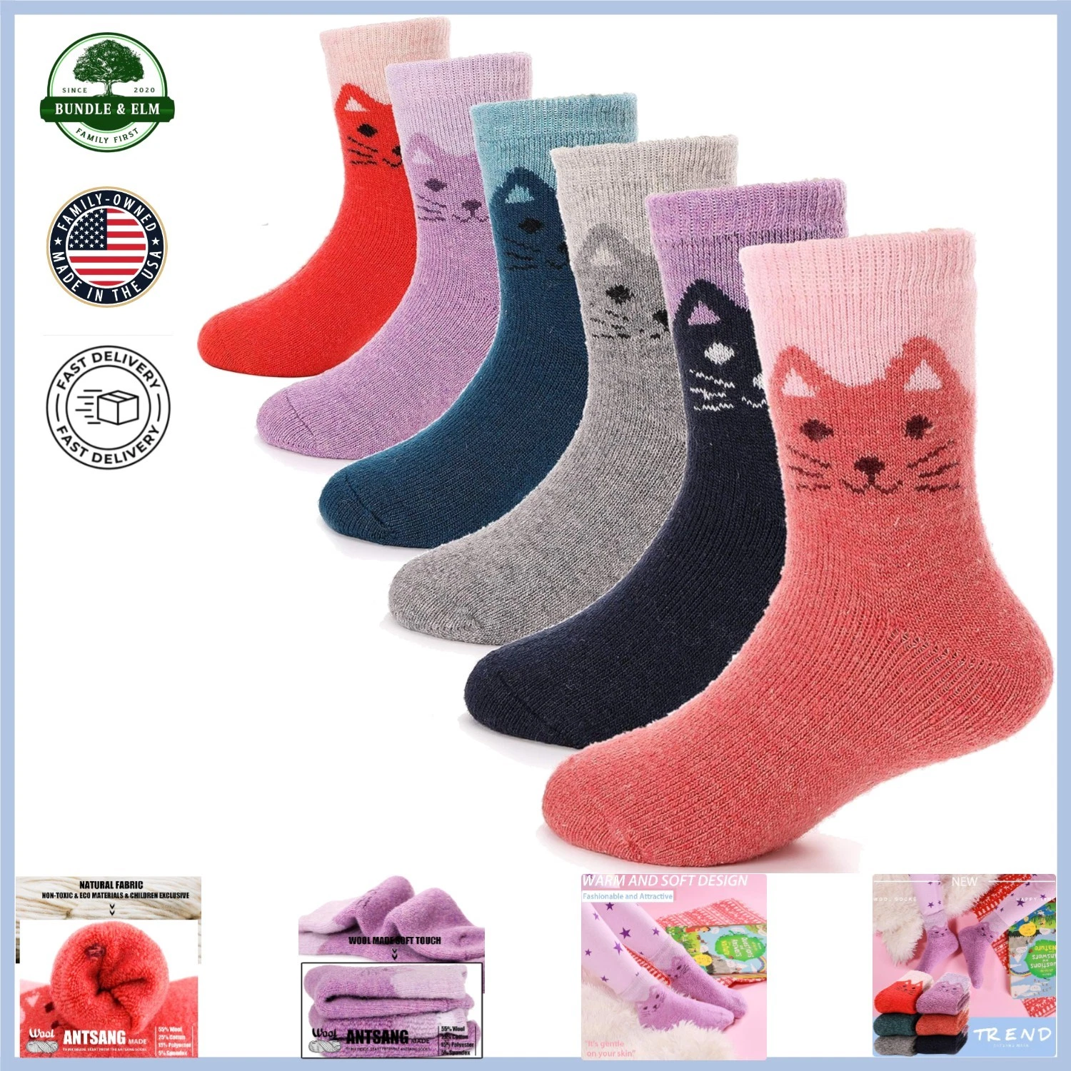 Animal Print Hiking Socks for Kids, 6 Pairs of Warm and Stylish Crew Socks