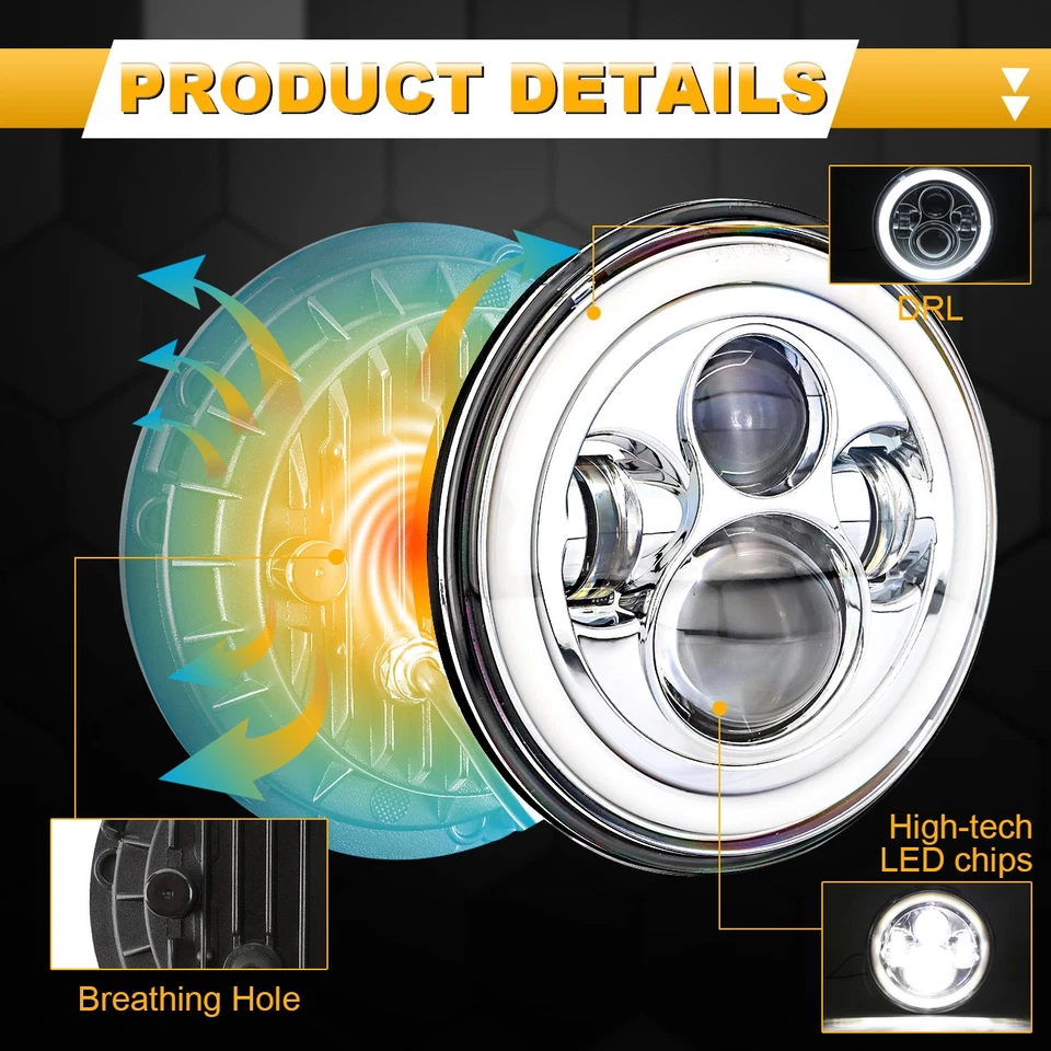 Pair For Austin Mini Cooper Classic 7"inch Chrome LED Headlights Turn Signal DRL - image 4 of 4