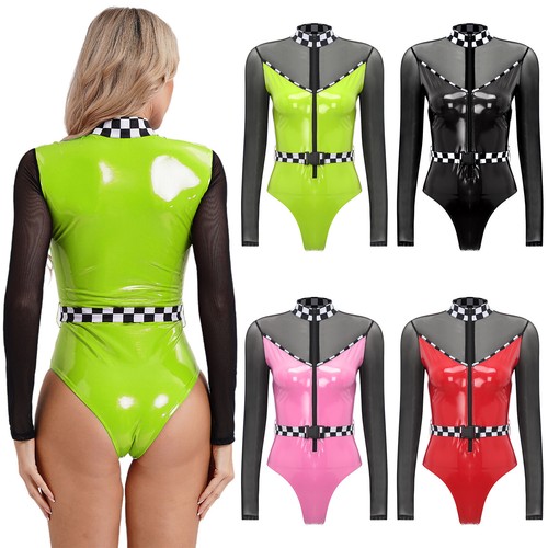 Women Leotard Patent Leather Bodysuit Racer Jumpsuit Dress-up Performance Mesh - Picture 5 of 36