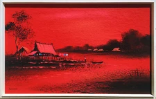 Painting Red Sunset Thailand Ocean Asian Signed Seetein Orig. Watercolor