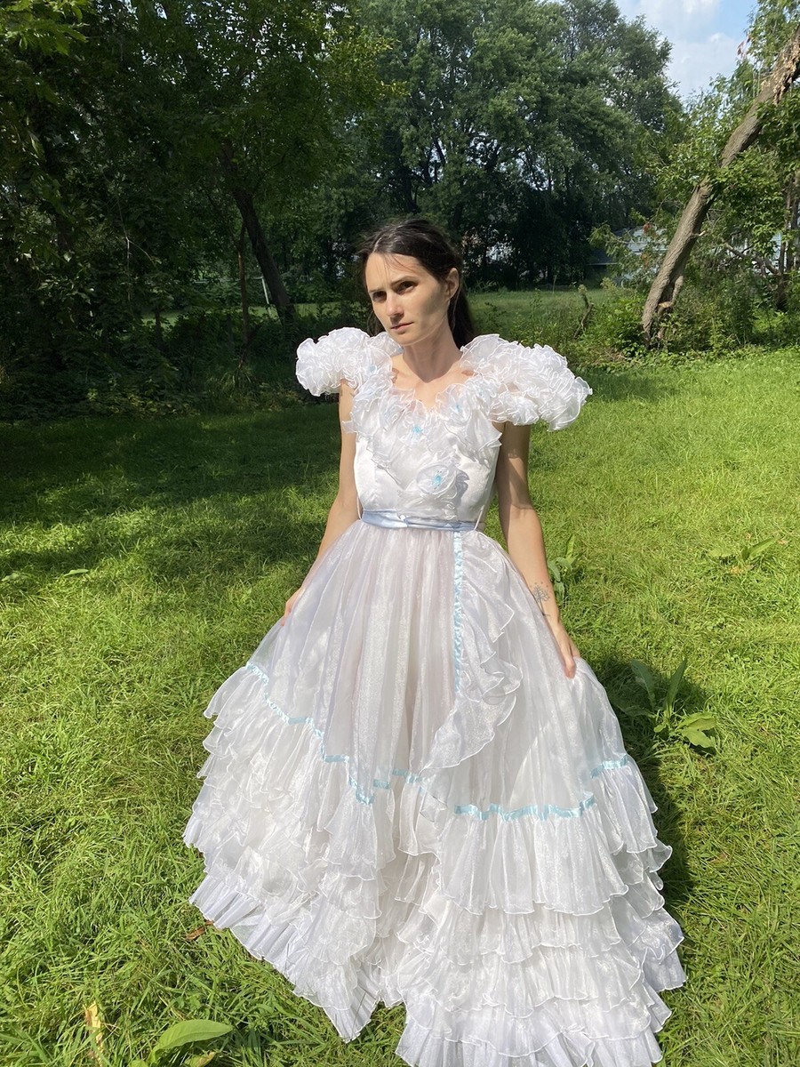 1980s Iridescent Princess Prom Dress Vintage Wedding Gown Ruffles Bo Peep