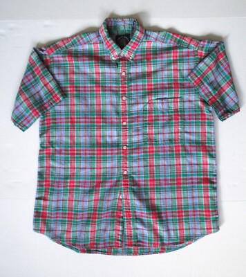 GANT Salty Dog Vintage Red Green Blue Plaid Short Sleeve Button Up Shirt Size L