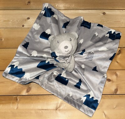 Baby Essentials Plush Blue Gray Bear Security Blanket Mountains Clouds