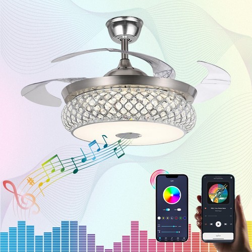 42" Silver RGB Retractable Ceiling Fan Light w/ Bluetooth Speaker & Remote