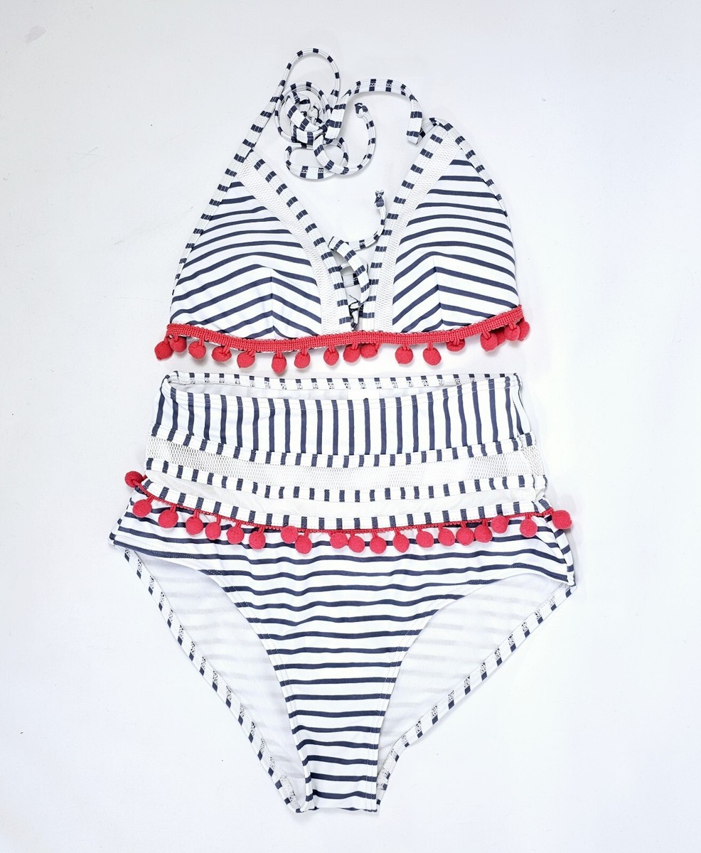 Cocoship Women's Size Halter High Waisted Striped Pom Pom Two Piece  Swimsuit
