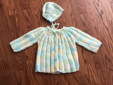Vintage Handmade Green yellow White Baby Sweater  hat see measurements