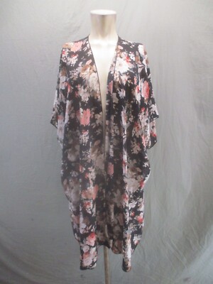 RD Style Size M/L Womens Black Floral Summer Open Front Lightweight Kimono 448