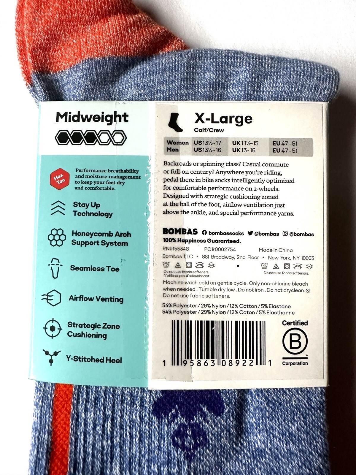 Bombas Socks Hex Tec Performance Cycling Unisex Midweight Crew/Calf X