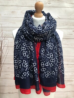 Damen Pferd Pony Glück Hufeisen Steigbügel Print rot marineblau Mode Schal