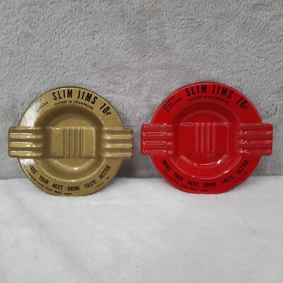 Vintage Pair of Promo Tin Art Deco Bar Ashtrays Slim Jim Ad Cherry Levis Food 