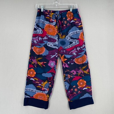 Natori Lounge Pants Womens Small Blue Asian Floral Art Print Drawstring Satin