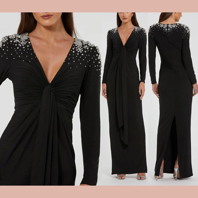 NWD MAC DUGGAL [ XS ] 44063 Beaded Jersey V Neck Faux Knot Gown Black Q1179