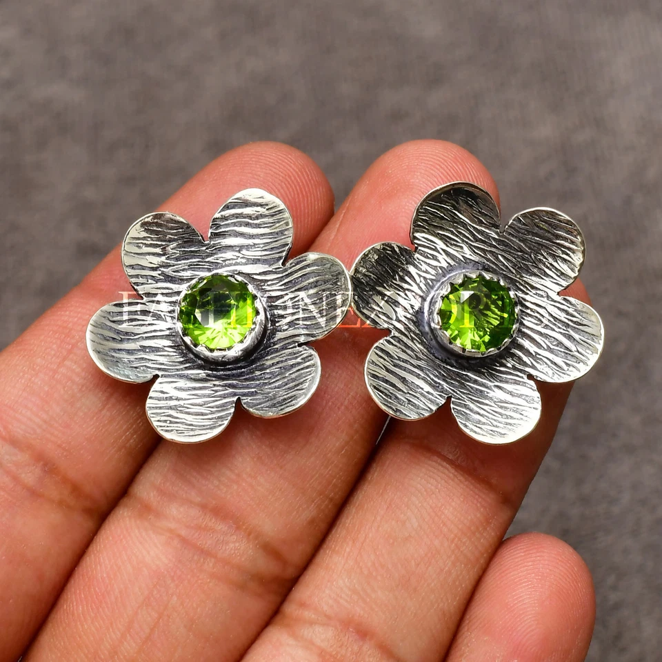 Green Peridot Earrings Gemstone Handmade 925 Sterling Silver Jewelry 0.75 in" - Image 2 of 4