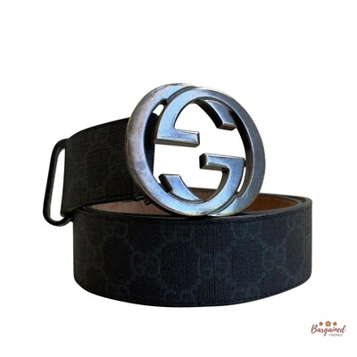 Authentic Gucci Black & Gray GG Supreme Canvas Interlocking G Buckle Belt 85/34