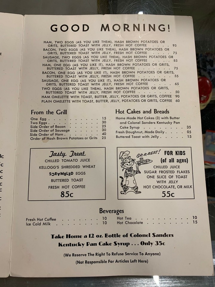 Very Rare Colonel Drive-In Richmond Kentucky Menu Colonel Sanders KY ...