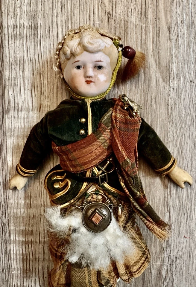 German Bisque Doll With Sculptured Hair And Scottish Costume/ 3” Doll / Dog - Image 4 of 4