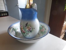 ANCIEN Ensemble de Toilette broc cuvette en Tôle Émaillée décor d'iris