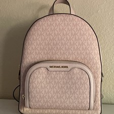 Michael Kors Powder Blush Signature Logo Zip Backpack Gold Hardware Medium