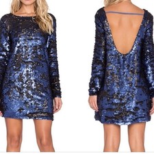 MinkPink Great Escape Dress L NWT Sequin Blue Black Open Back Cocktail Mini