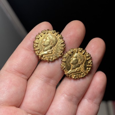 Vintage Miriam Haskell Gold Roman Coin Clip-On Earrings   1960s Signed Classic