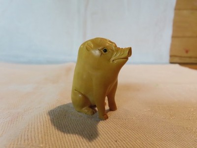 Vintage Japanese carved boxwood sitting pig Netsuke