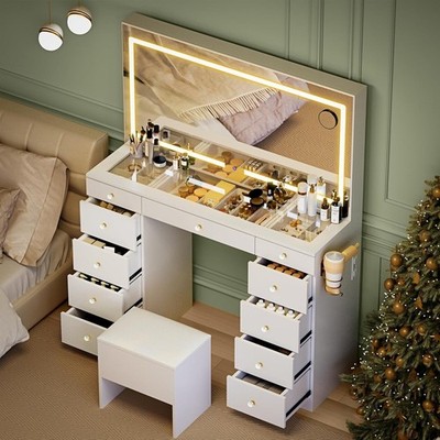 Glass Top Vanity Desk Foldable Mirror and Lights 11 Drawers Charging Station