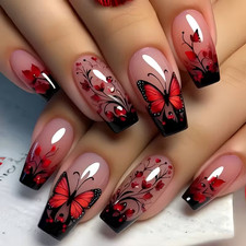 24pcs Ballet Press-On Nails, Medium Length, Glossy, Red Butterfly Design