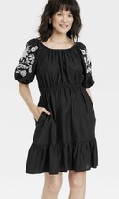 Women's 3/4 Sleeve Embroidered Dress - Knox Rose Black XXL Boho Party Vacation