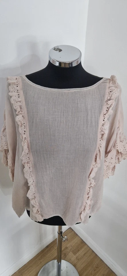 AllSaints Ruffle Blouse Size Medium Isa Frill Pale Pink Cotton Short Sleeves - Image 4 of 4