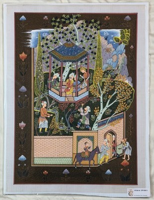 Hand-Painted Persian Mughal Garden Pavilion Miniature Painting   Royal Court Sce