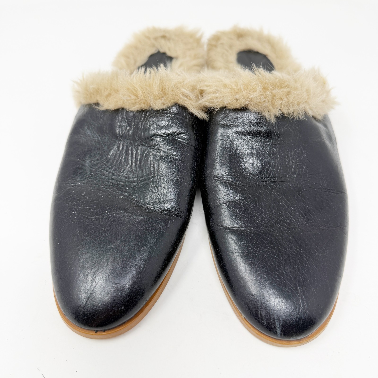 Zara Basic Collection Black Leather Faux Fur Mule… - image 2
