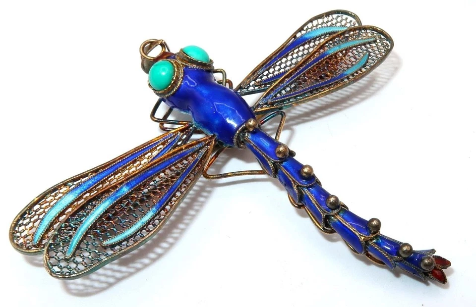 Broche Colgante Libélula Esmalte Azul 925 y Chapado en Oro Exportación China De Colección 2 3/4" Foto 2 de 4