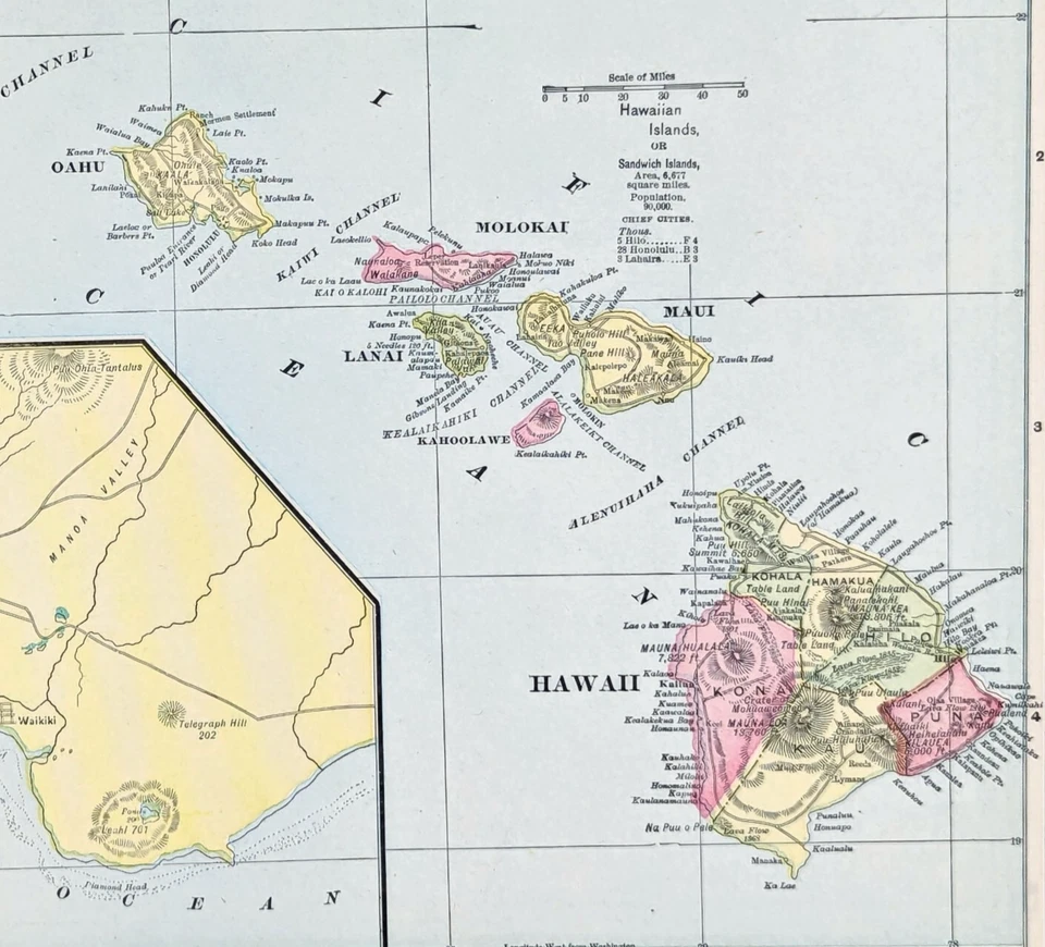 HAWAII 1899 - Mapa ORIGINAL (13x9) MAUI BIG ISLAND KAUAI OAHU Foto 2 de 4