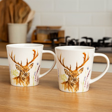 2er Pack Hirsch Aquarell Design Tassen Feder & Fell weiß Keramik Teetassen