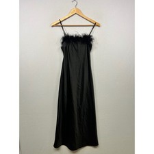 Windsor Glam Evening Womens Small Black Satin Feather Trim Slip Midi Dress