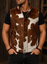 Brown White Hair-On Cowhide Biker Vest with Lapel Collar
