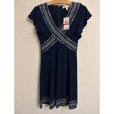 NWT Michael Kors Womens Navy Blue Geometric Trim V Neck Flutter Sleeve Dress XS