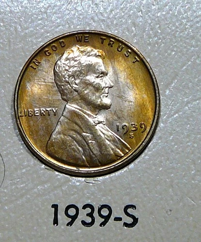 1939-S Lincoln Cent - Vividly Toned Unc / Uncirculated (AO1)