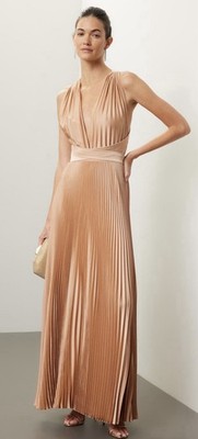 L IDEE Women's Moderniste Gold Open Back Pleated Halter Gown Dress Size US 4