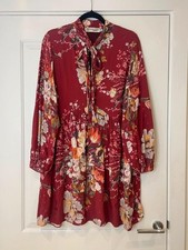 Moutaki Dress Womens M/L Burgundy Floral Tie Neck Boho Smock Oversized