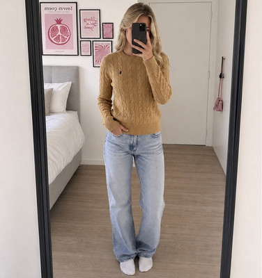 Polo Ralph Lauren Damen Strickpullover Zopfmuster Beige M Rundhals Logo