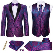 Barry.Wang Men Blazer Suit Jacket Tuxedo Purple Blue Paisley Dress Vest Match...
