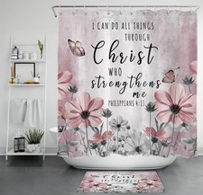 Bible Verse Butterfly Pink Wildflower Shower Curtain Set for Bathroom Decor