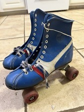 Vintage Blue White High-Top Quad Derby Roller Skates Pair with Red Wheels 6